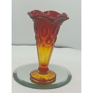 Vintage L.E.Smith Amberina Moon And Stars Tulip Ruffled Edge Bud Vase 6” T GLOWS